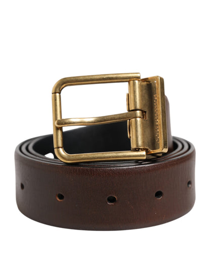 Dolce & Gabbana Brown Classic Gold Metal Logo Buckle Men Belt