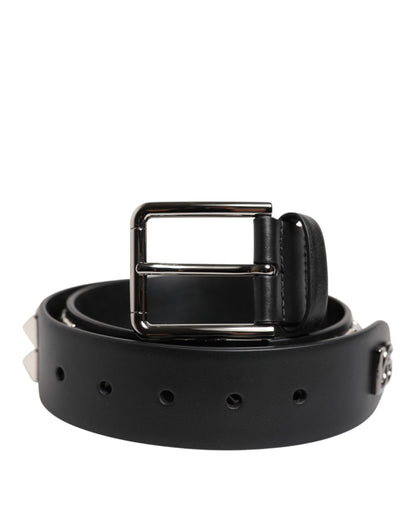 Dolce & Gabbana Black Leather Studded DG Metal Buckle Belt