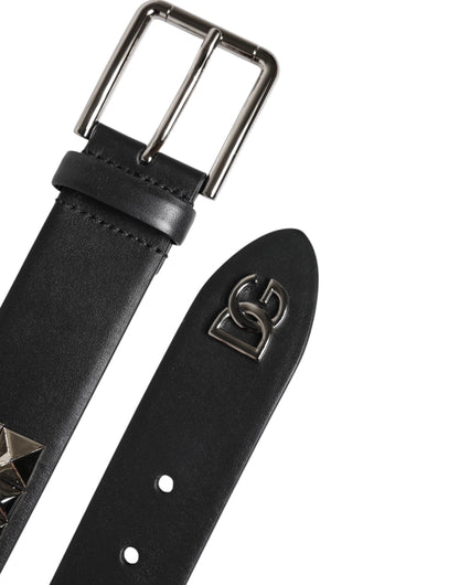 Dolce & Gabbana Black Leather Studded DG Metal Buckle Belt
