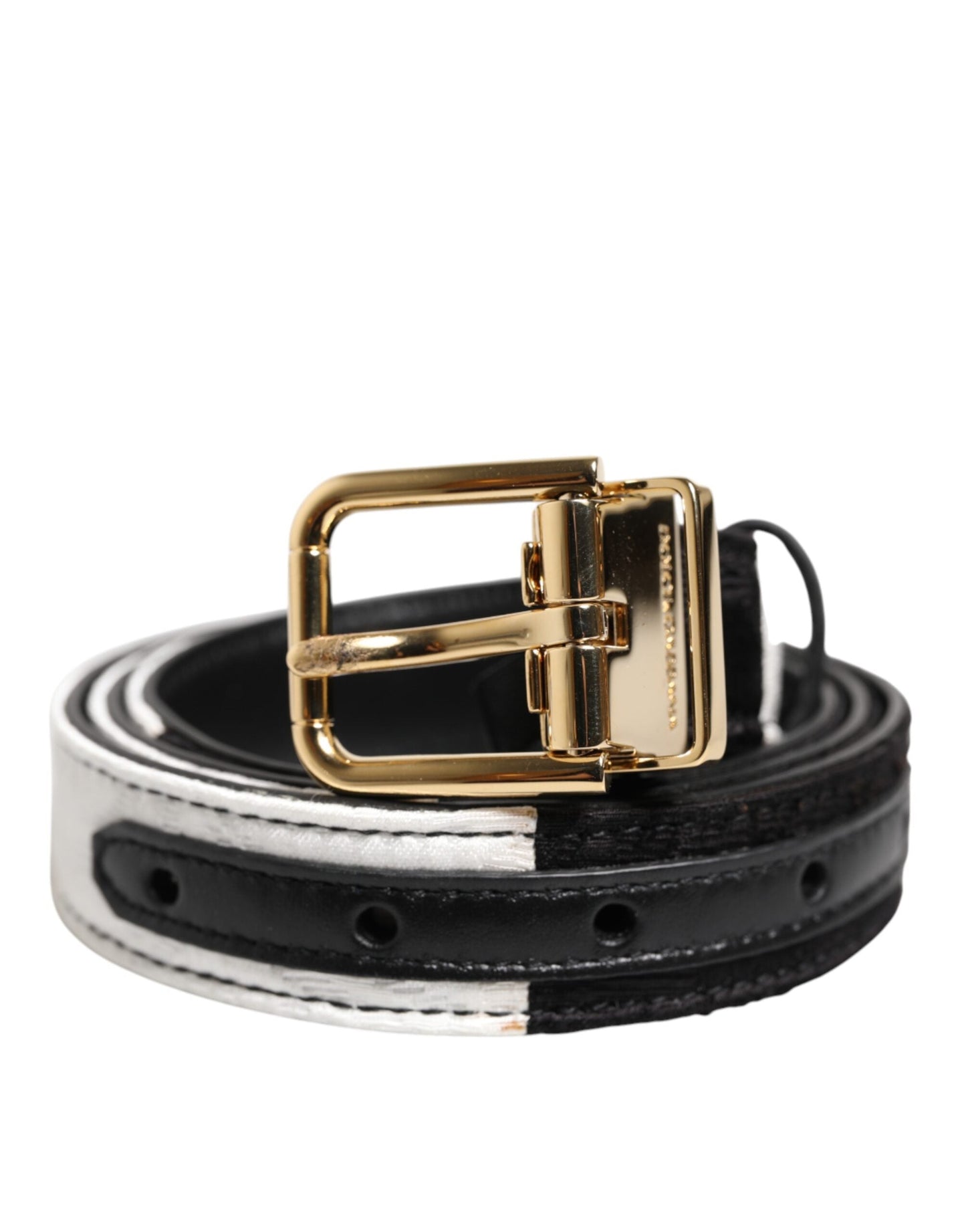 Dolce & Gabbana Black White Patchwork Gold Metal Buckle Belt