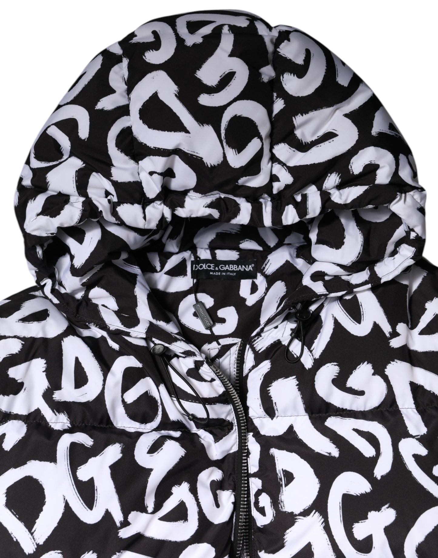 Dolce & Gabbana Black White DG Mania Hooded Long Coat Jacket