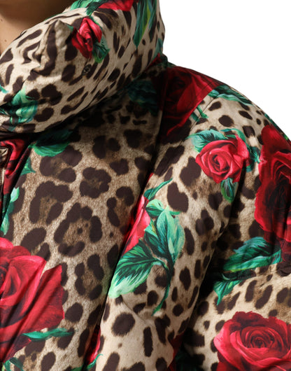 Dolce & Gabbana Multicolor Leopard Rose Puffer Quilted Jacket