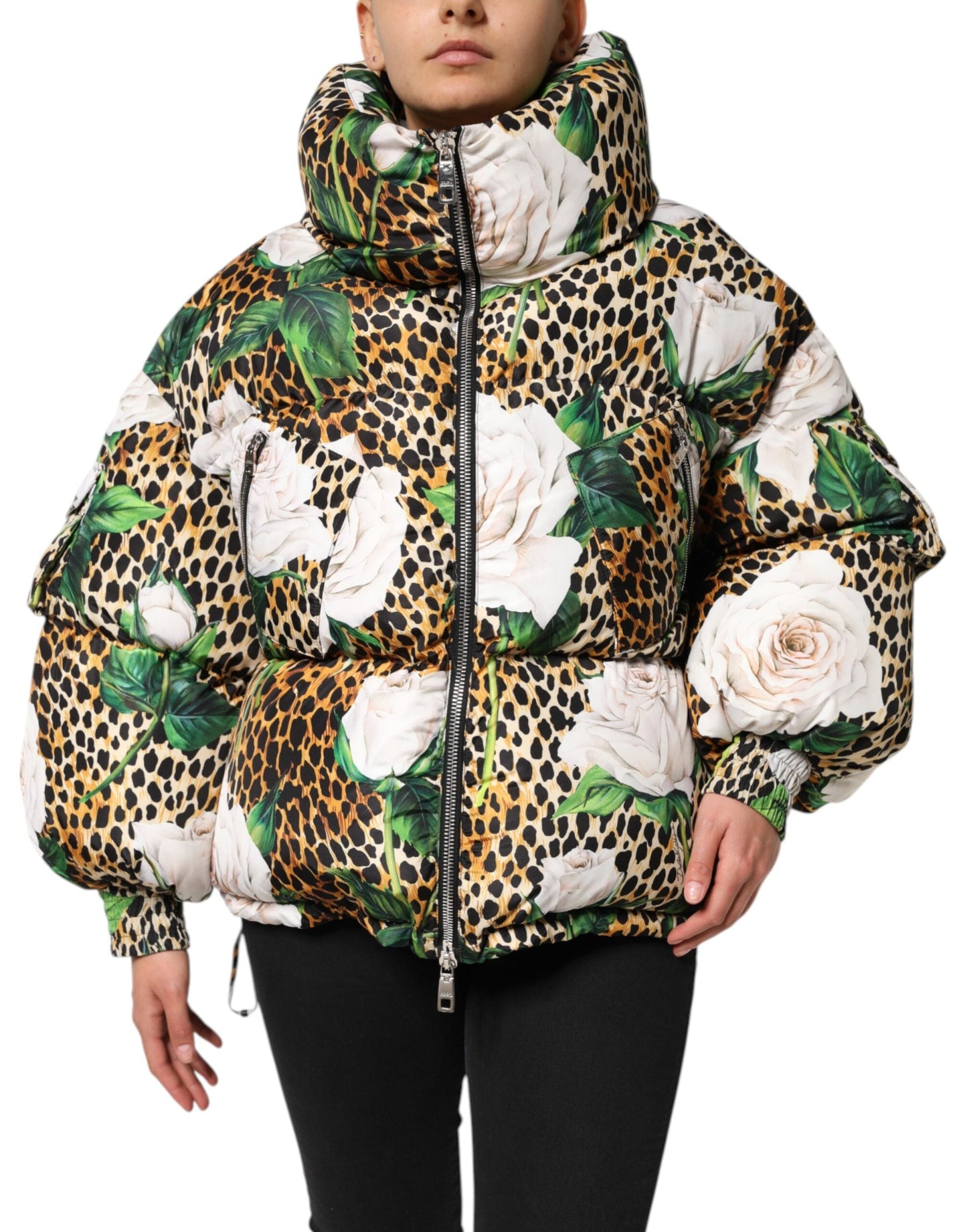 Dolce & Gabbana Multicolor Leopard Rose Puffer Quilted Jacket