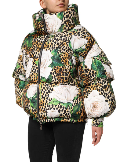 Dolce & Gabbana Multicolor Leopard Rose Puffer Quilted Jacket