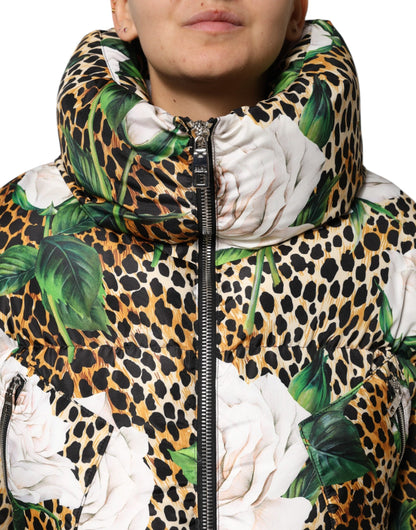 Dolce & Gabbana Multicolor Leopard Rose Puffer Quilted Jacket