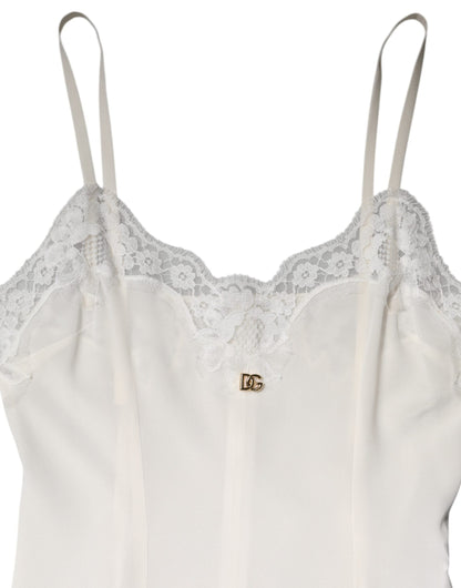 Dolce & Gabbana White Lace Gold DG Logo Silk Dress Sleepwear