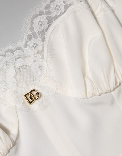 Dolce & Gabbana White Lace DG Logo Silk Dress Sleepwear