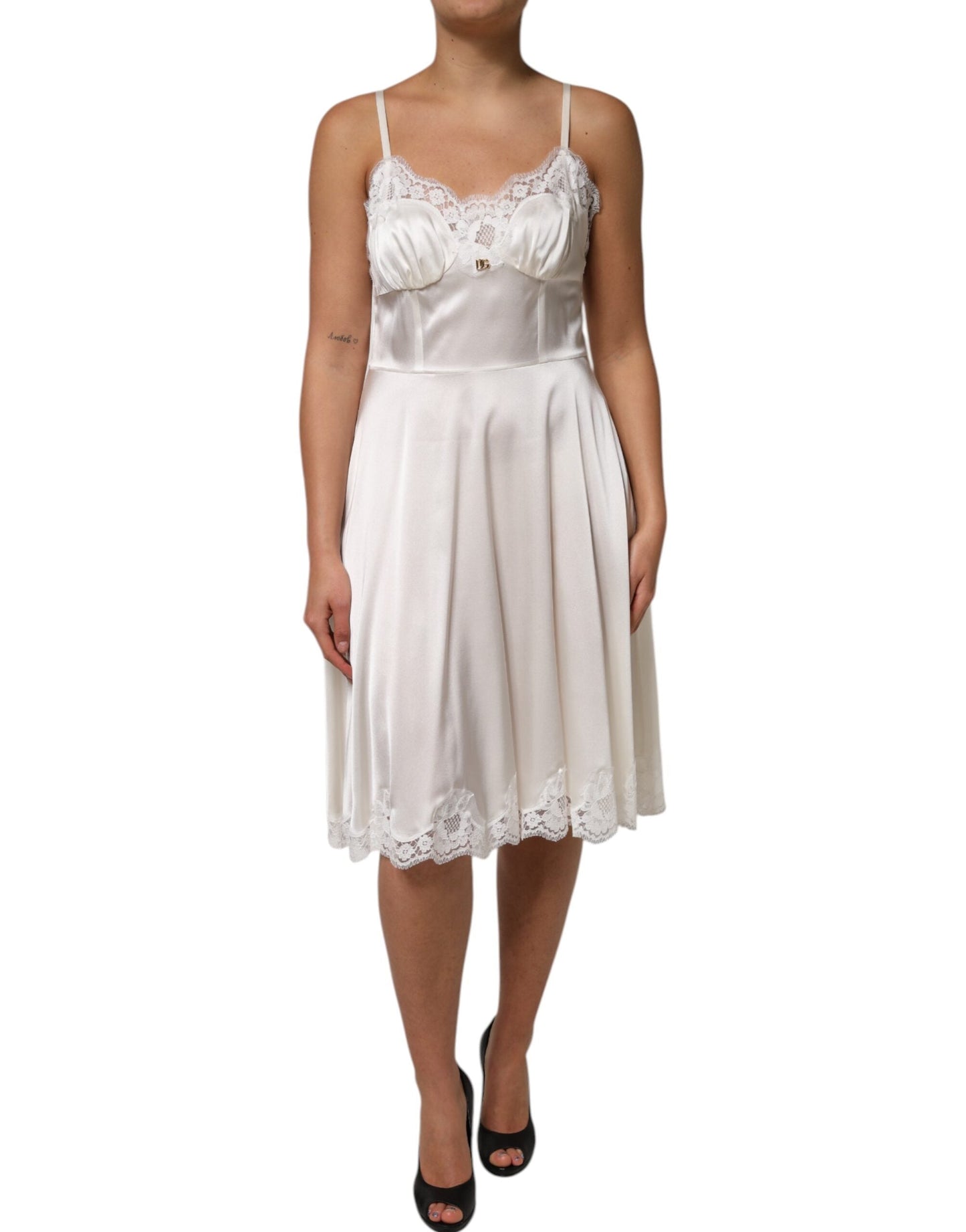 Dolce & Gabbana White Lace DG Logo Silk Dress Sleepwear