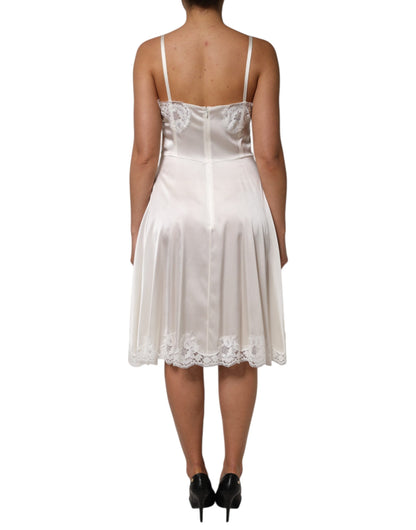 Dolce & Gabbana White Lace DG Logo Silk Dress Sleepwear