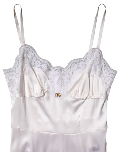 Dolce & Gabbana White Lace Gold DG Logo Silk Dress Sleepwear