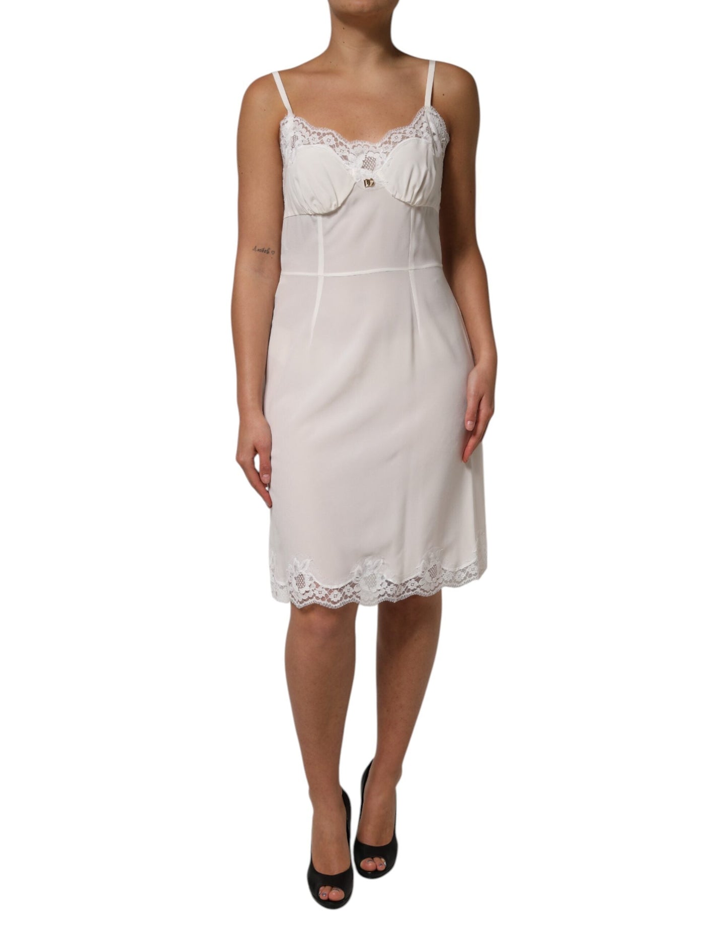 Dolce & Gabbana White Lace Gold DG Logo Silk Dress Sleepwear