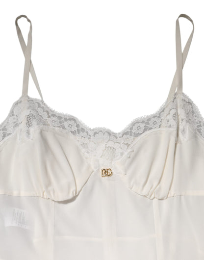 Dolce & Gabbana White Lace Gold DG Logo Silk Dress Sleepwear