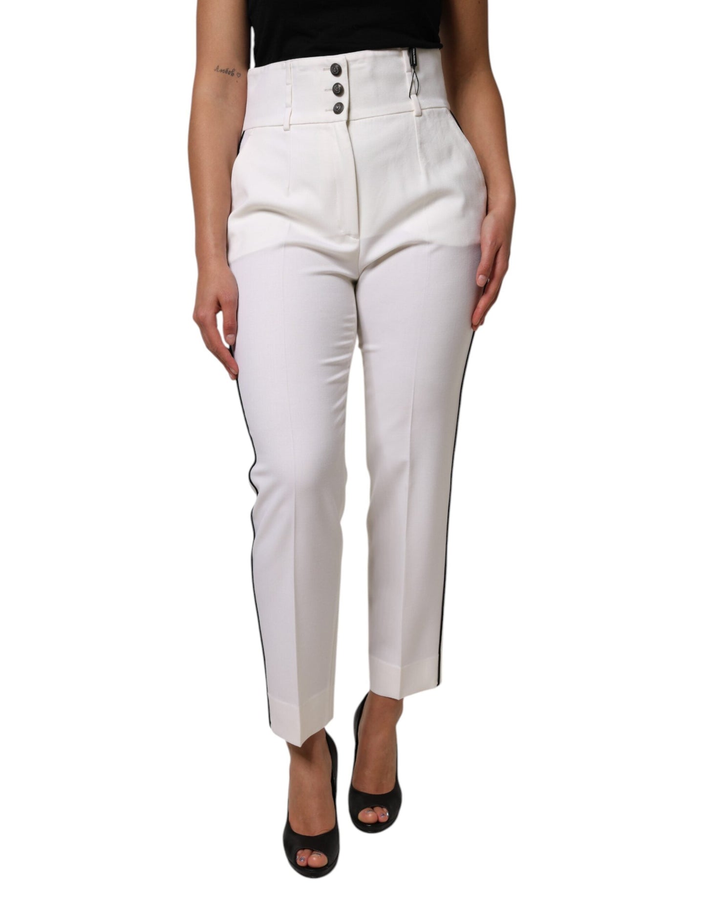 Dolce & Gabbana White Wool High Waist Tapered Pants