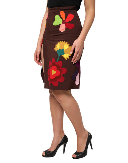 Dolce & Gabbana Brown Floral High Waist Side Slit Skirt