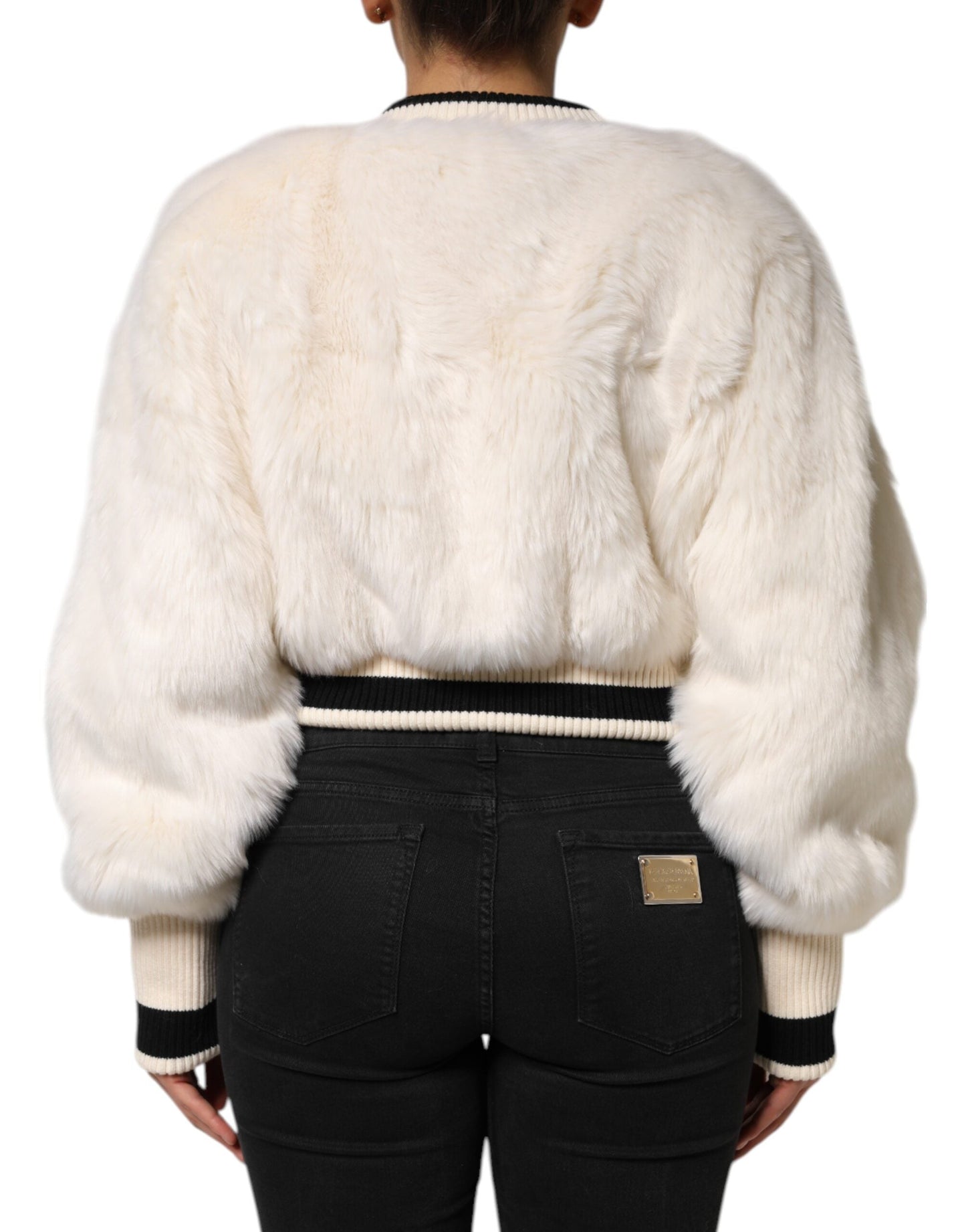 Dolce & Gabbana White Cropped Faux Fur DG Sweatshirt Sweater