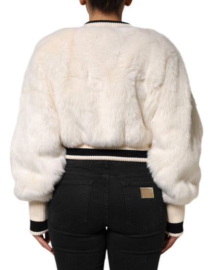 Dolce & Gabbana White Cropped Faux Fur DG Sweatshirt Sweater