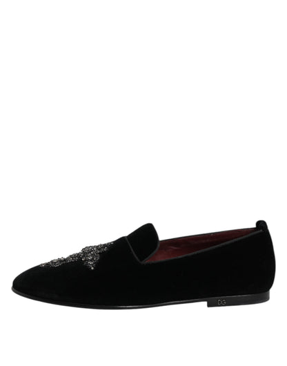 Dolce & Gabbana Black Velvet Embellished Loafer Slip On Shoes