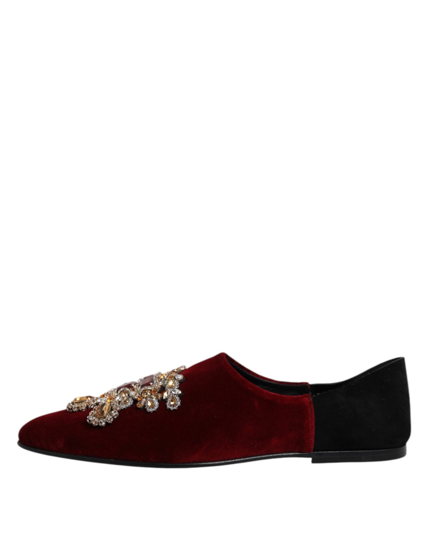 Dolce & Gabbana Black Red Velvet Embellished Slip On Shoes