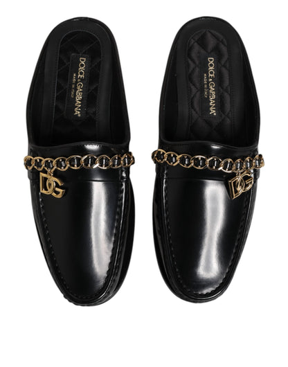 Dolce & Gabbana Black Leather DG Chain Embellished Sandals Shoes