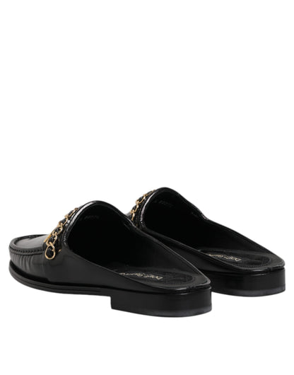Dolce & Gabbana Black Leather DG Chain Embellished Sandals Shoes