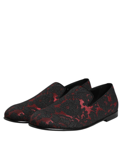 Dolce & Gabbana Red Black Jacquard Slip On Men Loafers Shoes