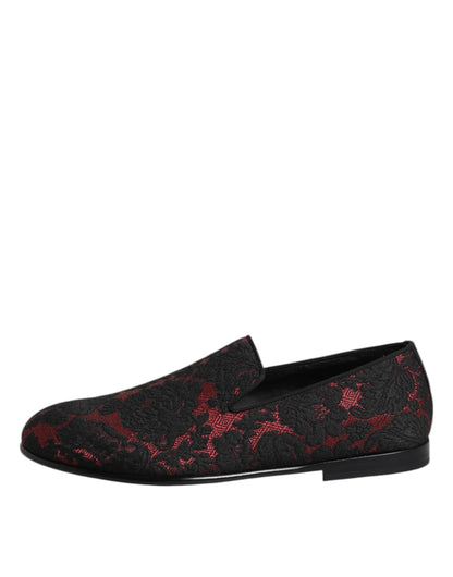 Dolce & Gabbana Red Black Jacquard Slip On Men Loafers Shoes