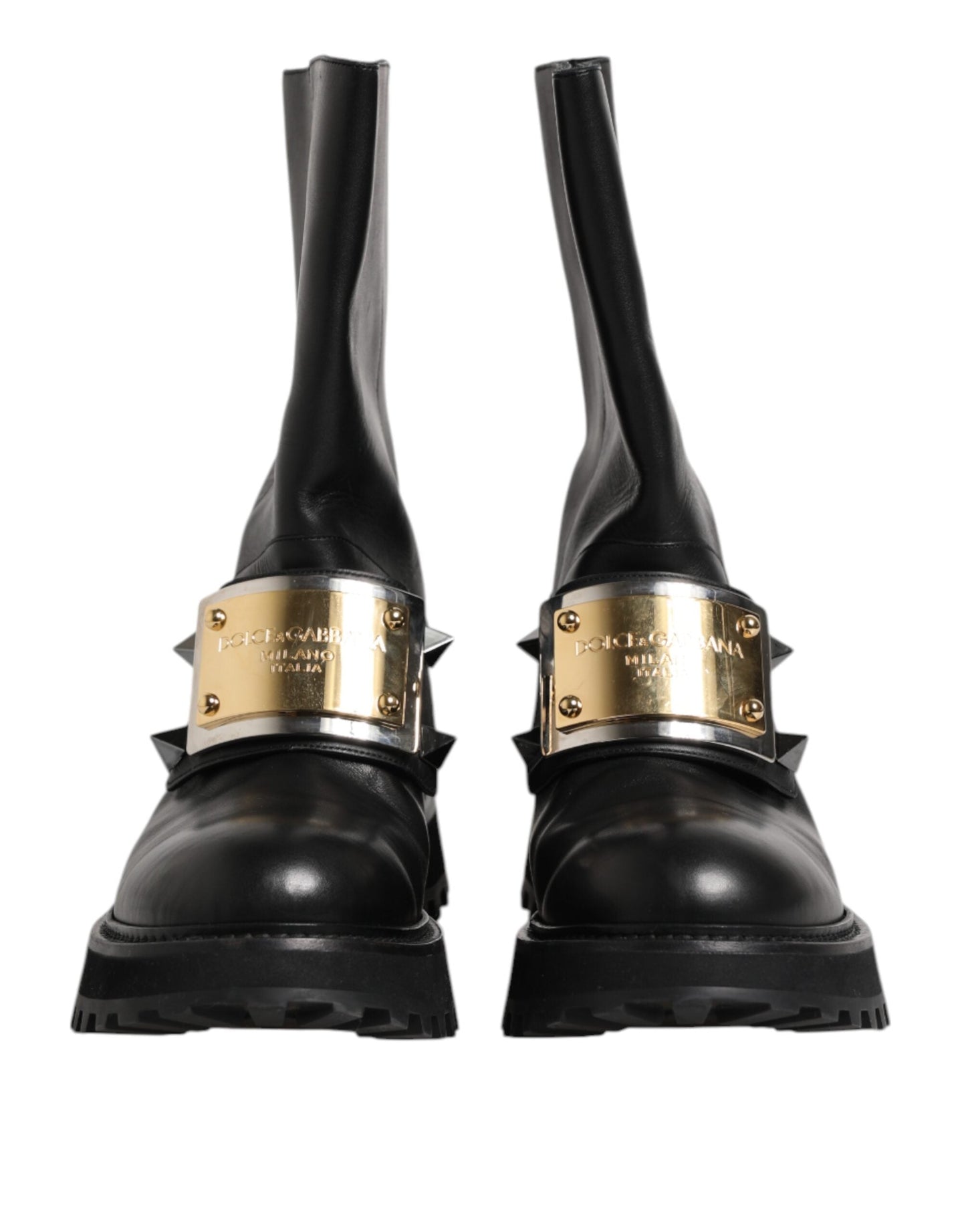 Dolce & Gabbana Black Leather DG Logo Plaque High Boots Shoes