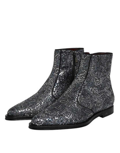 Dolce & Gabbana Dark Gray Cotton Sequined Chelsea Boots Shoes