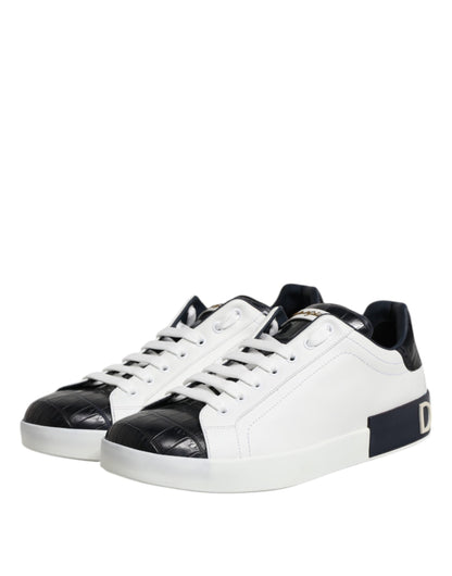 Dolce & Gabbana White Black Leather Portofino Sneaker Shoes
