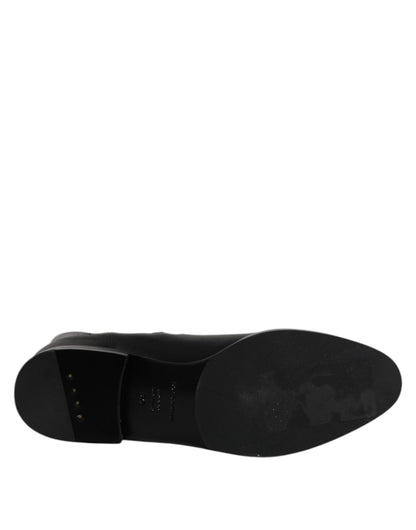 Dolce & Gabbana Black Leather Flats Logo Short Boots Shoes