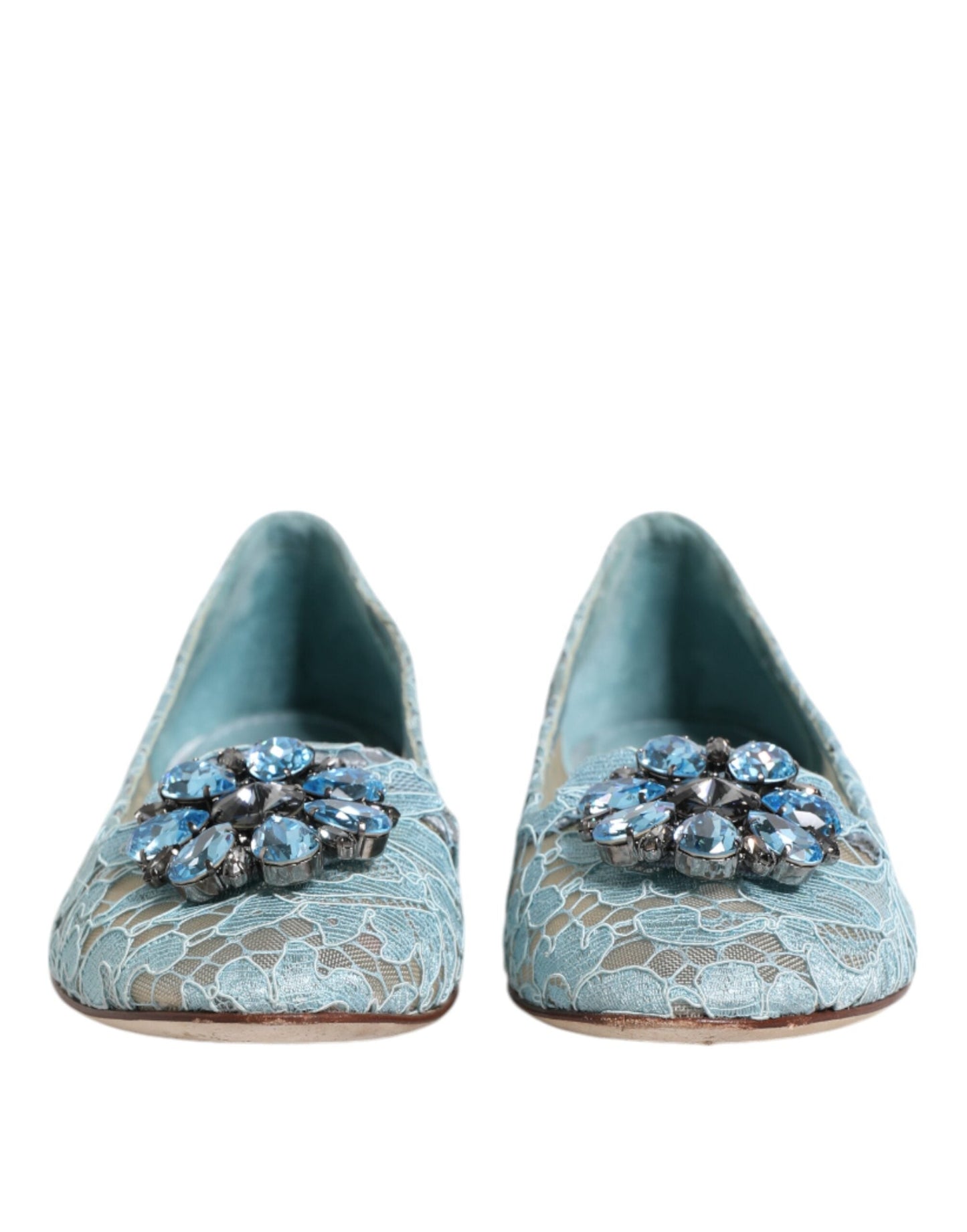Dolce & Gabbana Blue Lace Crystal Ballet Flats Loafers Shoes
