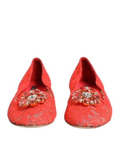 Dolce & Gabbana Orange Lace Crystal Ballet Flats Loafers Shoes