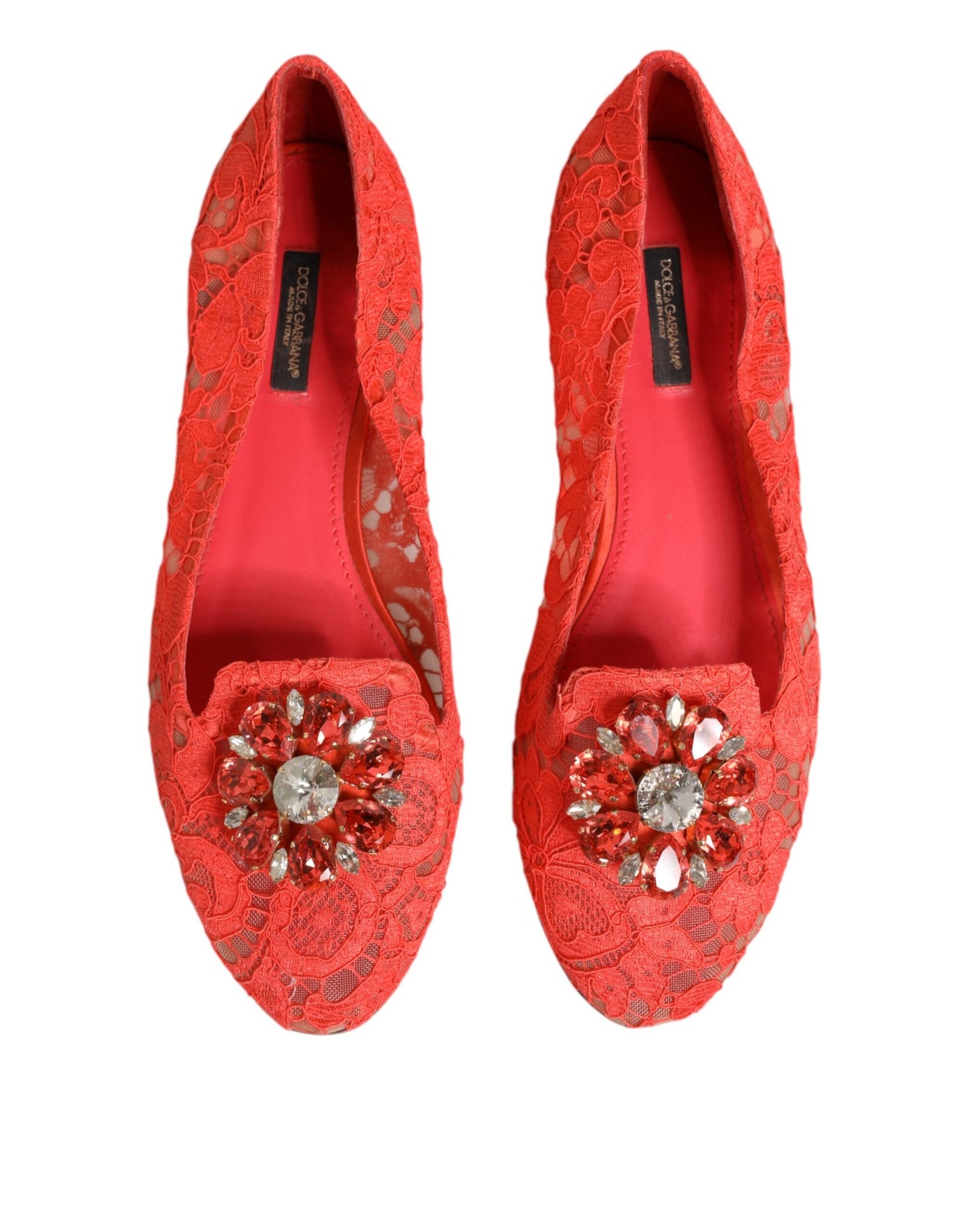 Dolce & Gabbana Orange Lace Crystal Ballet Flats Loafers Shoes