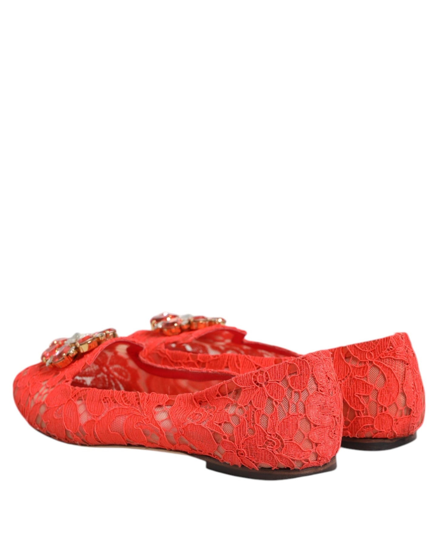Dolce & Gabbana Orange Lace Crystal Ballet Flats Loafers Shoes