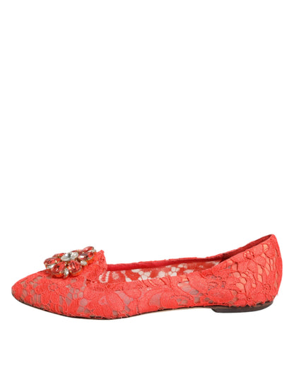Dolce & Gabbana Orange Lace Crystal Ballet Flats Loafers Shoes
