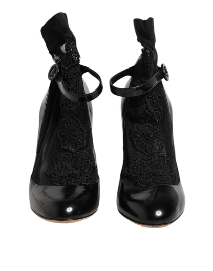 Dolce & Gabbana Black Leather Lace Socks Heels Pumps Shoes