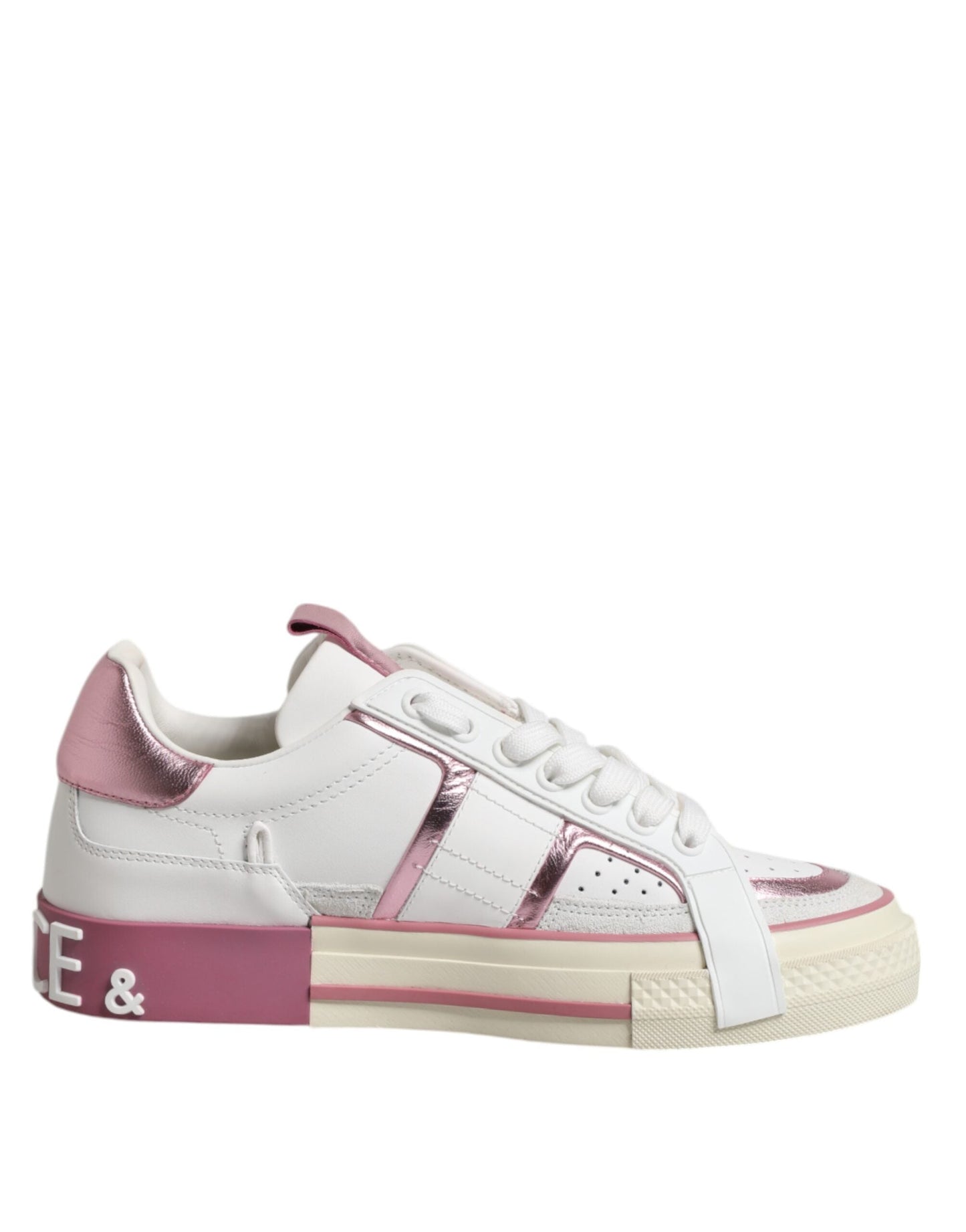 Dolce & Gabbana White Pink Leather Low Top Sneakers Shoes