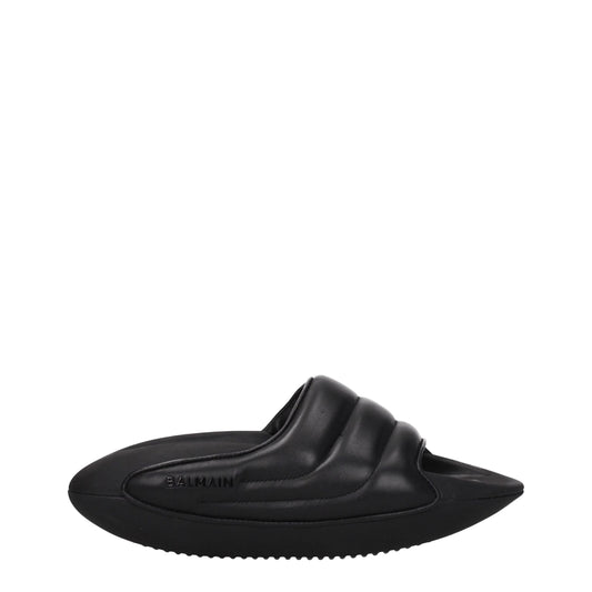 Balmain Black Leather Slippers Sandals