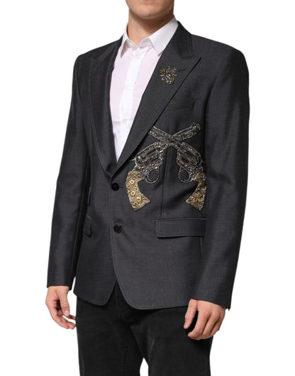Dolce & Gabbana Dark Gray Bee Embroidery SICILIA Coat Blazer