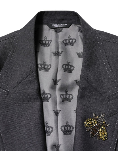 Dolce & Gabbana Dark Gray Bee Embroidery SICILIA Coat Blazer