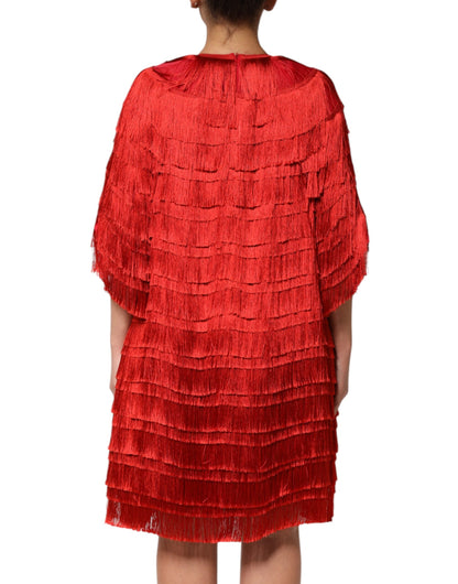 Dolce & Gabbana Red Silk Tiers Fringe Shift Knee Length Dress
