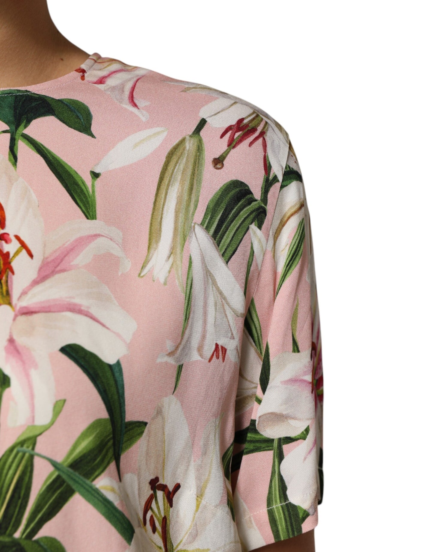 Dolce & Gabbana Pink Lily Printed Round Neck Blouse Top