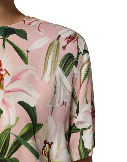 Dolce & Gabbana Pink Lily Printed Round Neck Blouse Top