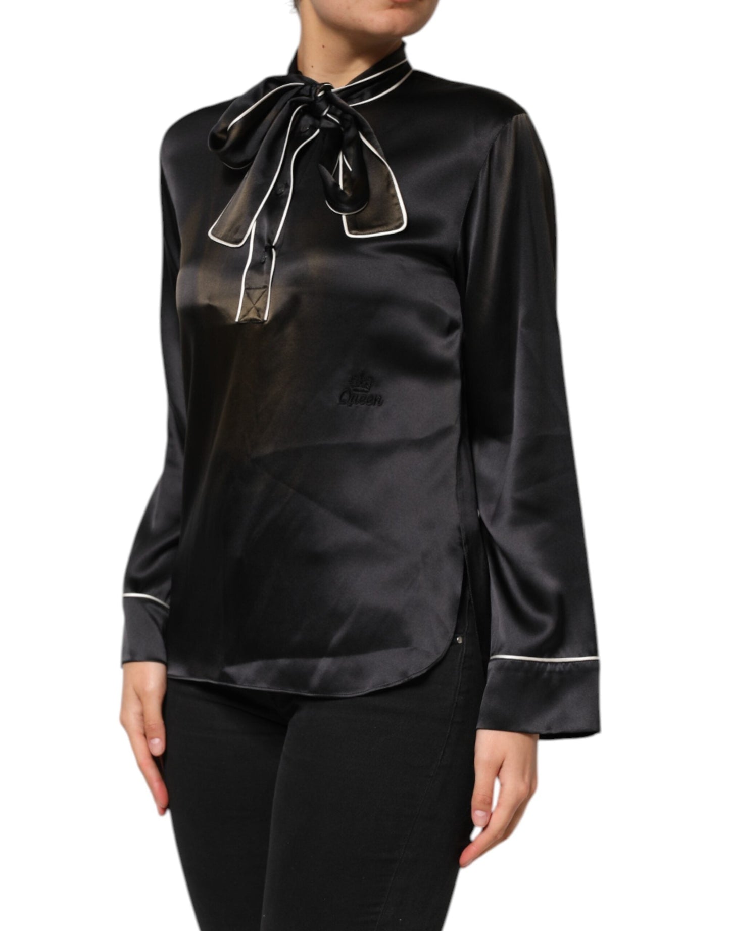 Dolce & Gabbana Black Silk Ascot Collared Button Blouse Top