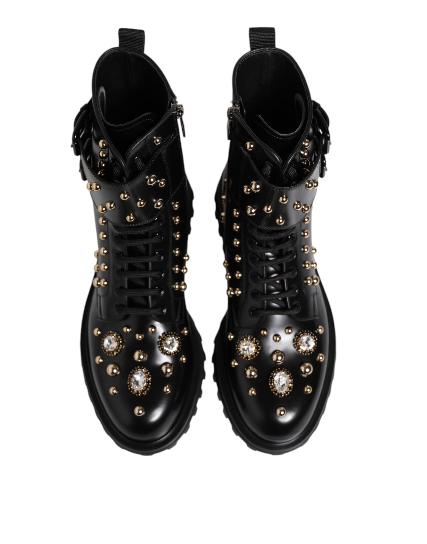 Dolce & Gabbana Black Studded Lace Up Mid Calf Boots Shoes
