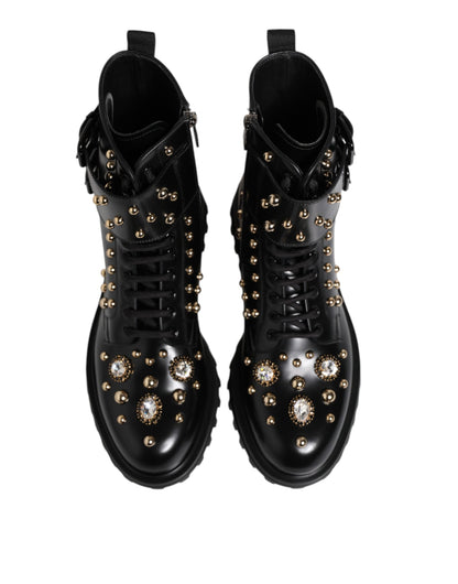 Dolce & Gabbana Black Studded Lace Up Mid Calf Boots Shoes