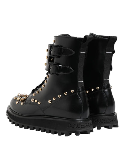 Dolce & Gabbana Black Studded Lace Up Mid Calf Boots Shoes