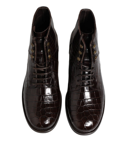 Dolce & Gabbana Dark Brown Leather Lace Up Short Boots Shoes