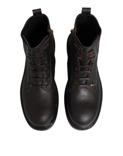 Dolce & Gabbana Dark Brown Leather Lace Up Mid Calf Boots Shoes