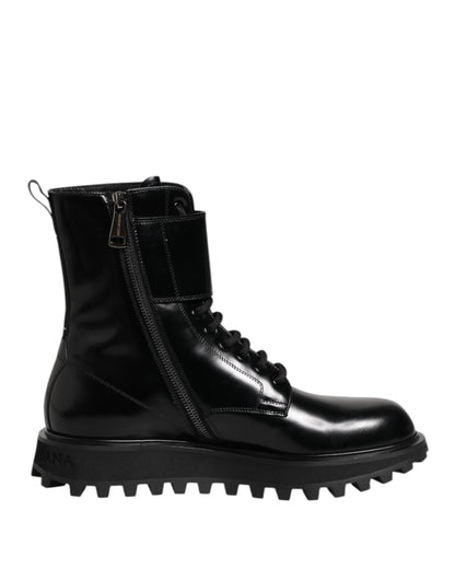 Dolce & Gabbana Black Leather Lace Up Mid Calf Boots Shoes